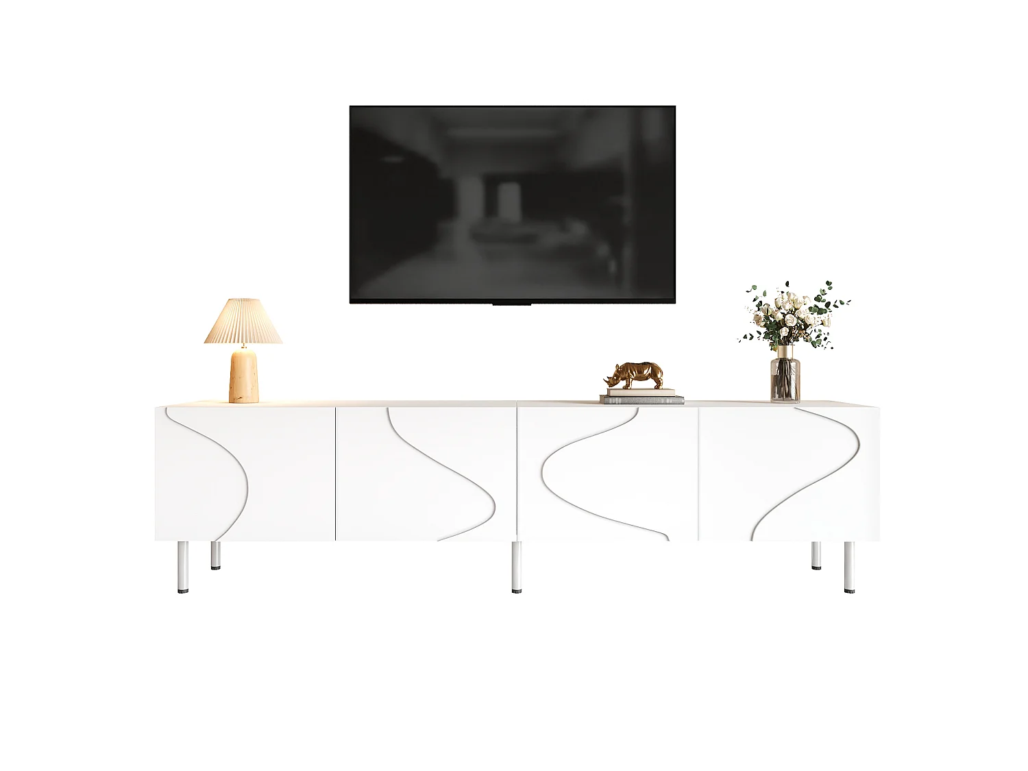 Gebogen tv-meubel met 4 deuren - Wit 170 x 35 x 50 cm