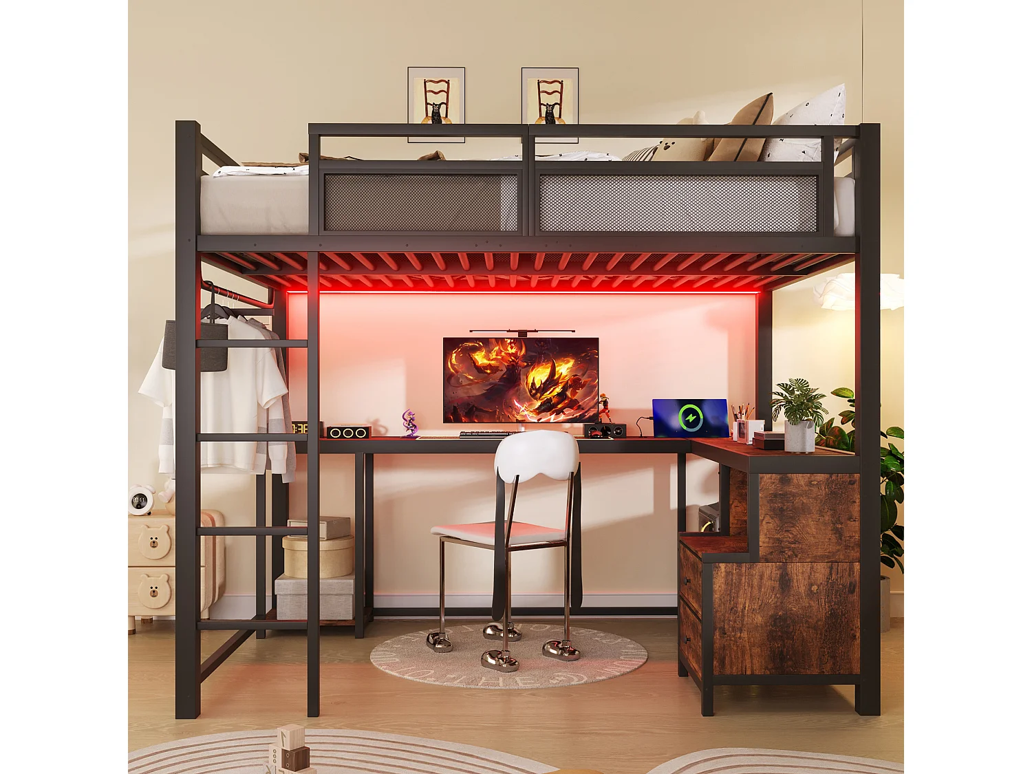 Letto a soppalco per adulti 140x200 cm con scrivania, porta USB e 2 cassetti - Metallo nero
