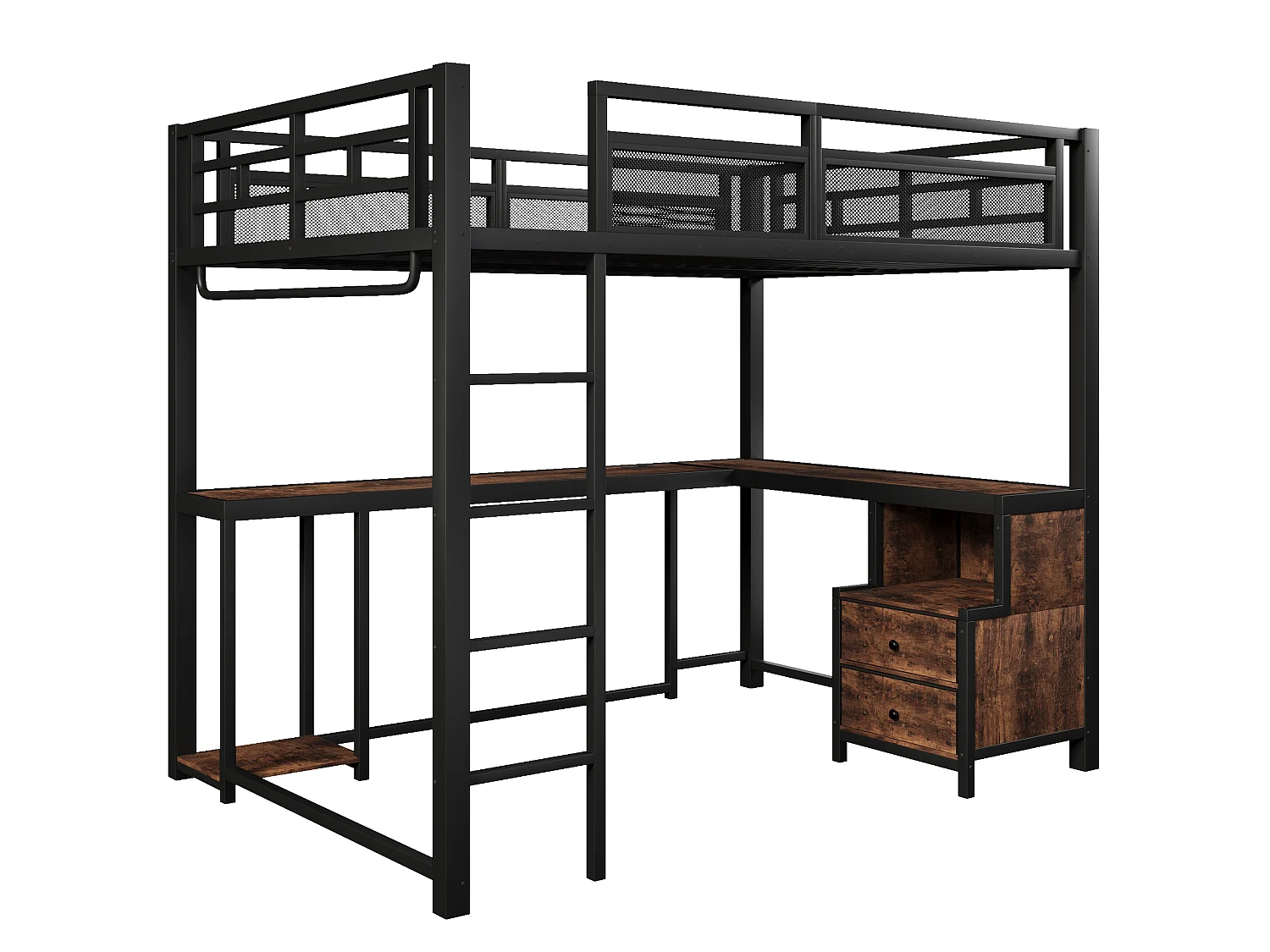 Letto a soppalco per adulti 140x200 cm con scrivania, porta USB e 2 cassetti - Metallo nero
