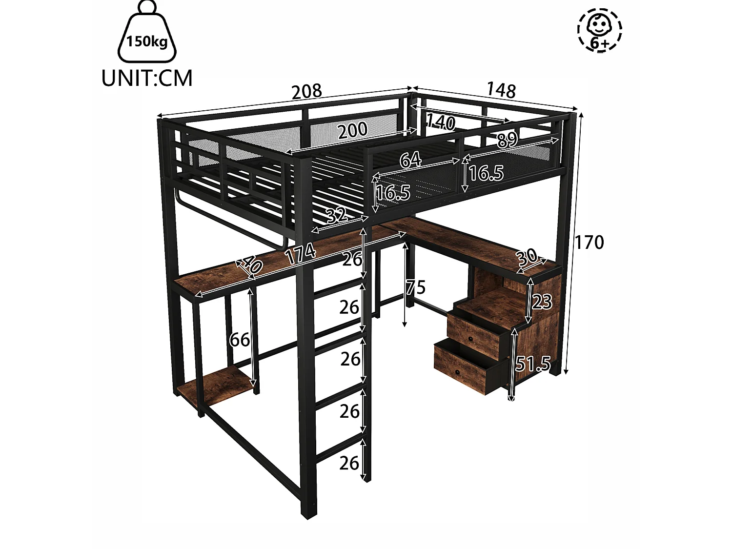 Letto a soppalco per adulti 140x200 cm con scrivania, porta USB e 2 cassetti - Metallo nero