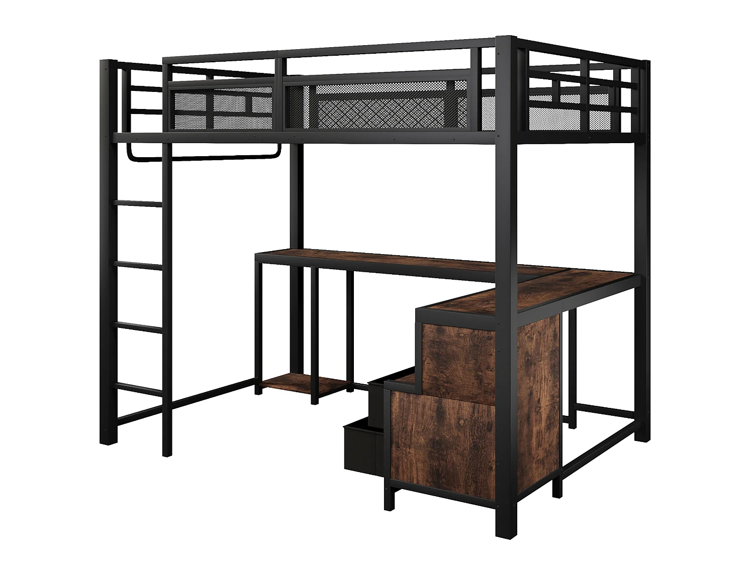 Letto a soppalco per adulti 140x200 cm con scrivania, porta USB e 2 cassetti - Metallo nero