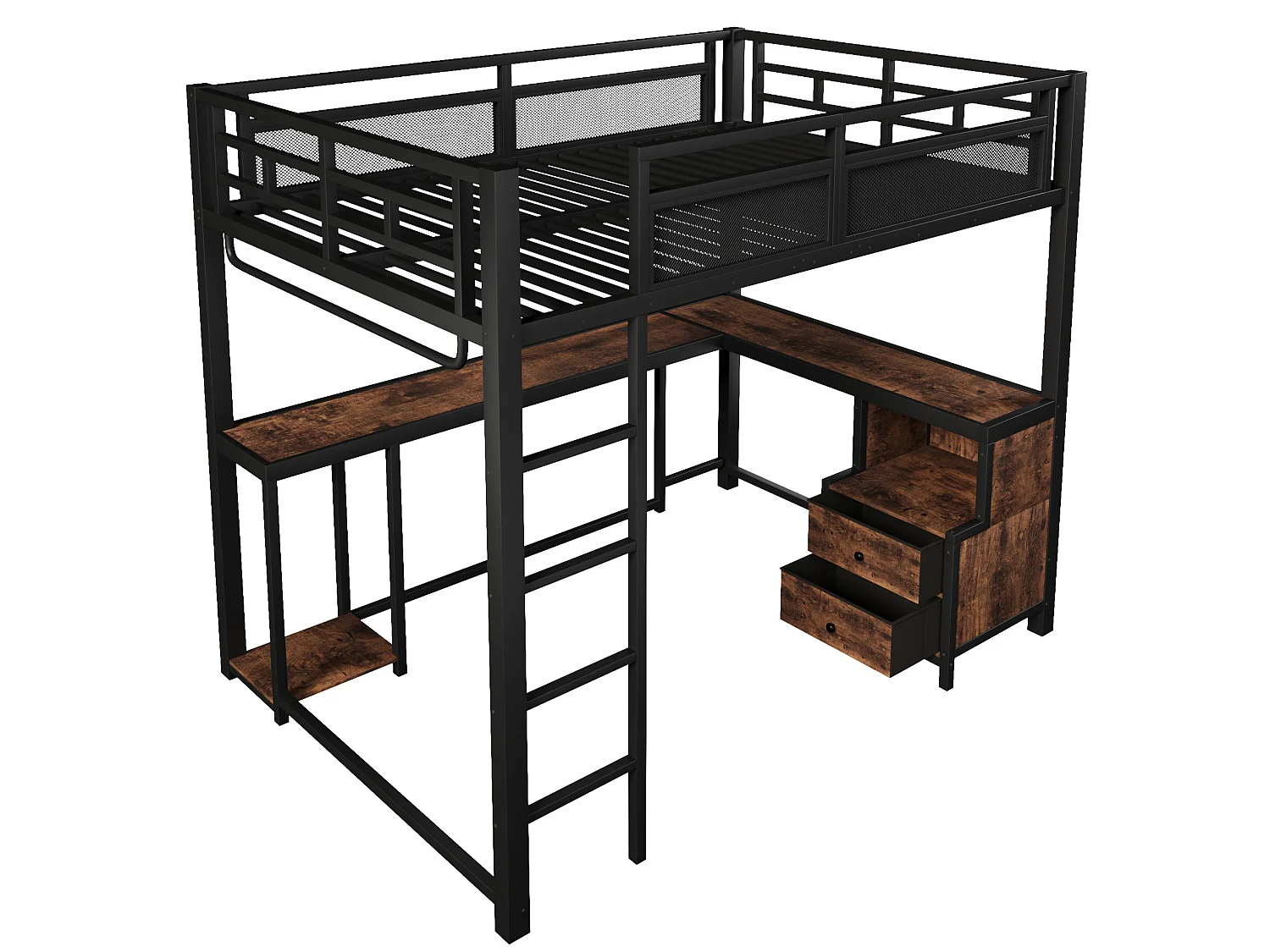 Letto a soppalco per adulti 140x200 cm con scrivania, porta USB e 2 cassetti - Metallo nero