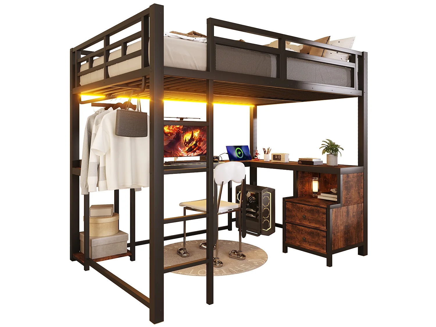 Letto a soppalco per adulti 140x200 cm con scrivania, porta USB e 2 cassetti - Metallo nero