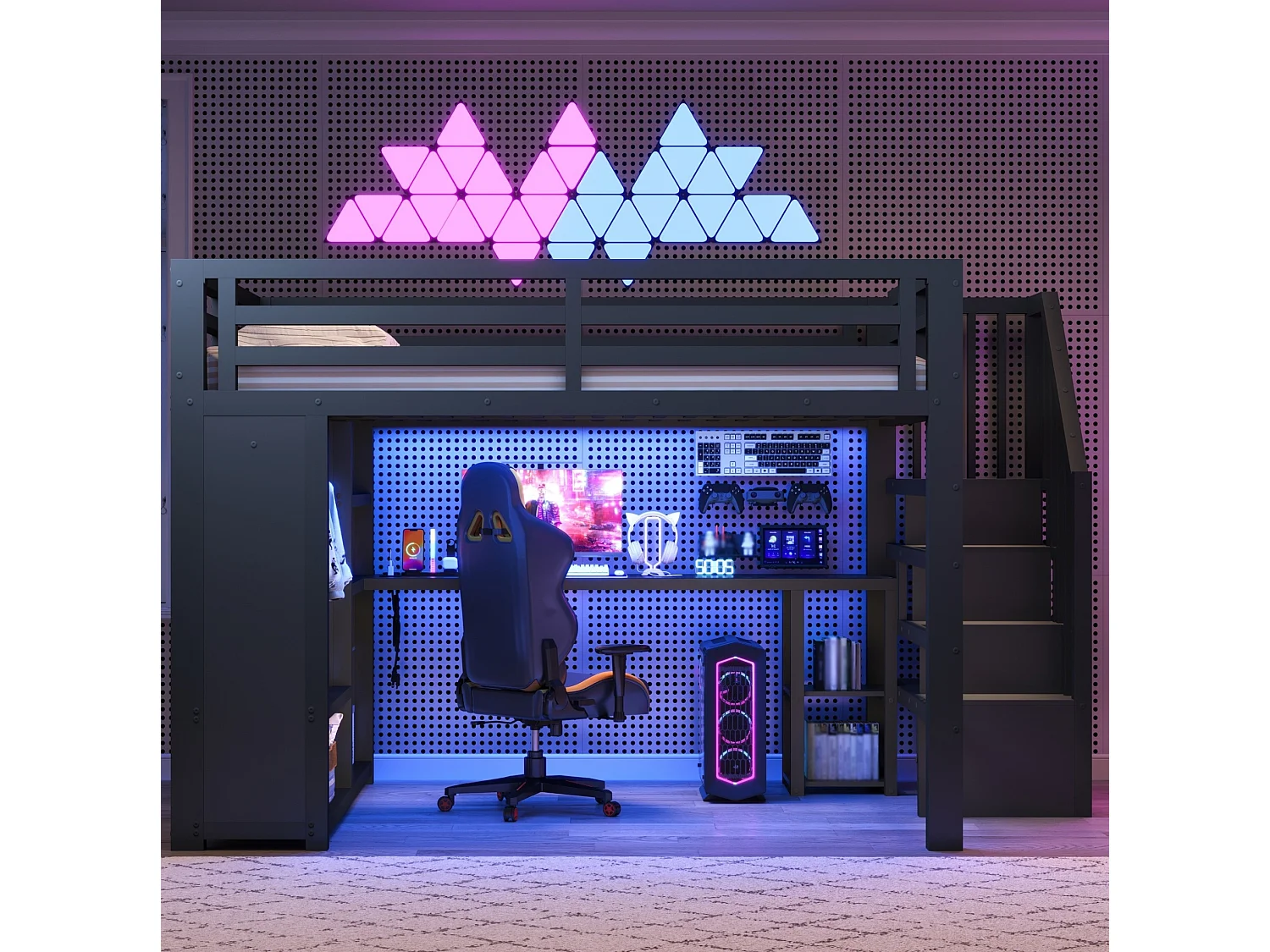 Lit mezzanine en métal 140 x 200 cm avec port USB, bureau et penderie ouverte - Noir