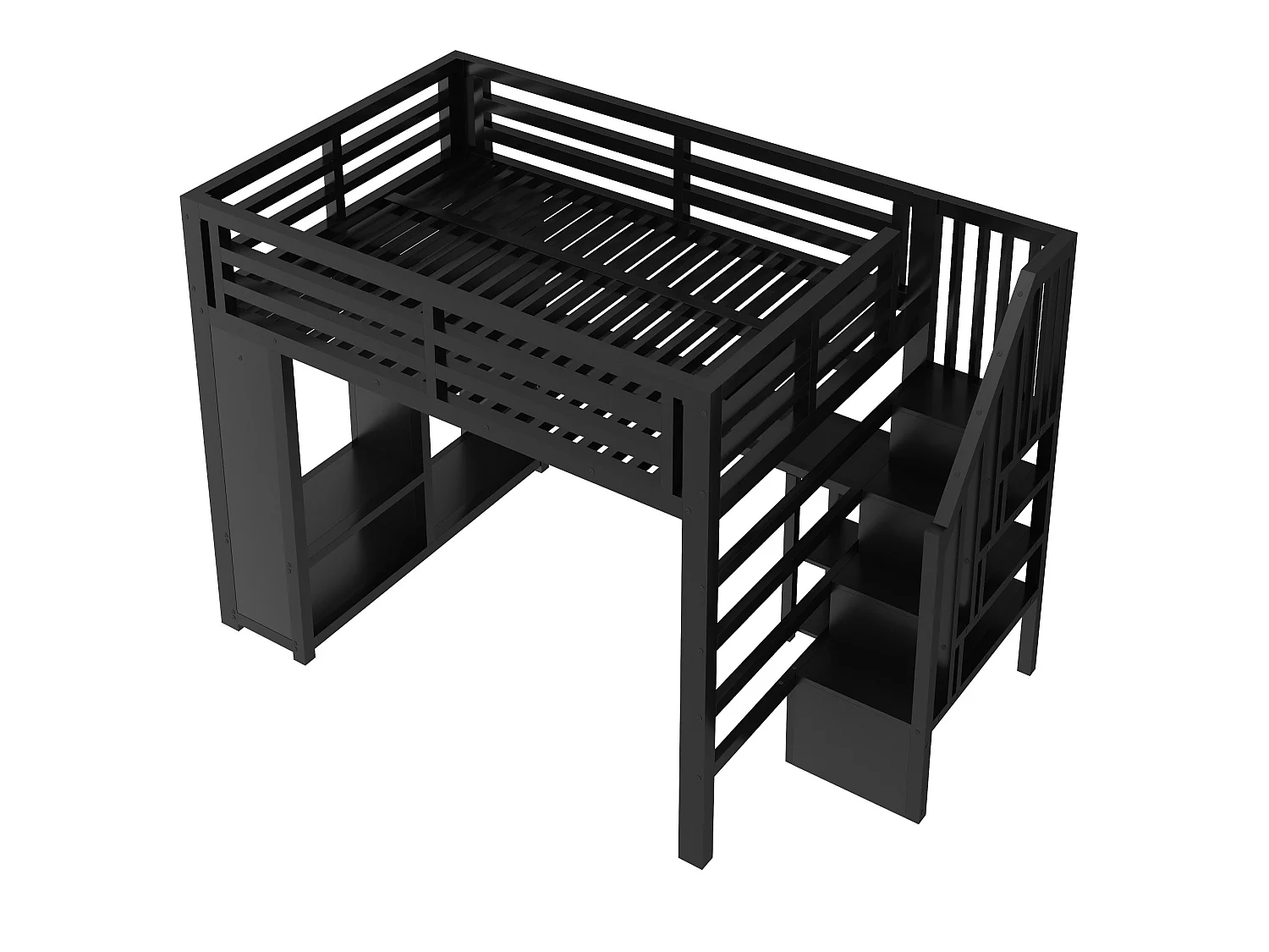 Lit mezzanine en métal 140 x 200 cm avec port USB, bureau et penderie ouverte - Noir