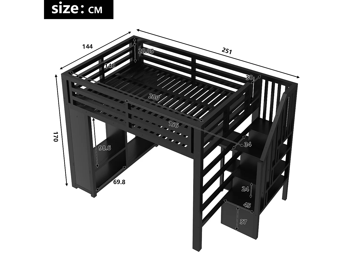 Lit mezzanine en métal 140 x 200 cm avec port USB, bureau et penderie ouverte - Noir