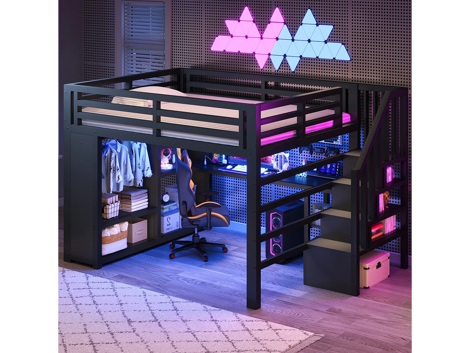 Lit mezzanine en métal 140 x 200 cm avec port USB, bureau et penderie ouverte - Noir