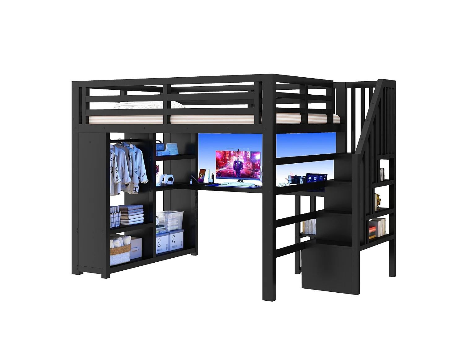 Lit mezzanine en métal 140 x 200 cm avec port USB, bureau et penderie ouverte - Noir