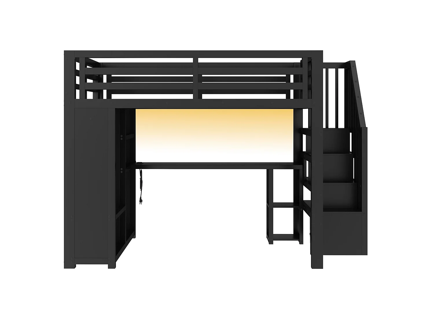 Lit mezzanine en métal 140 x 200 cm avec port USB, bureau et penderie ouverte - Noir
