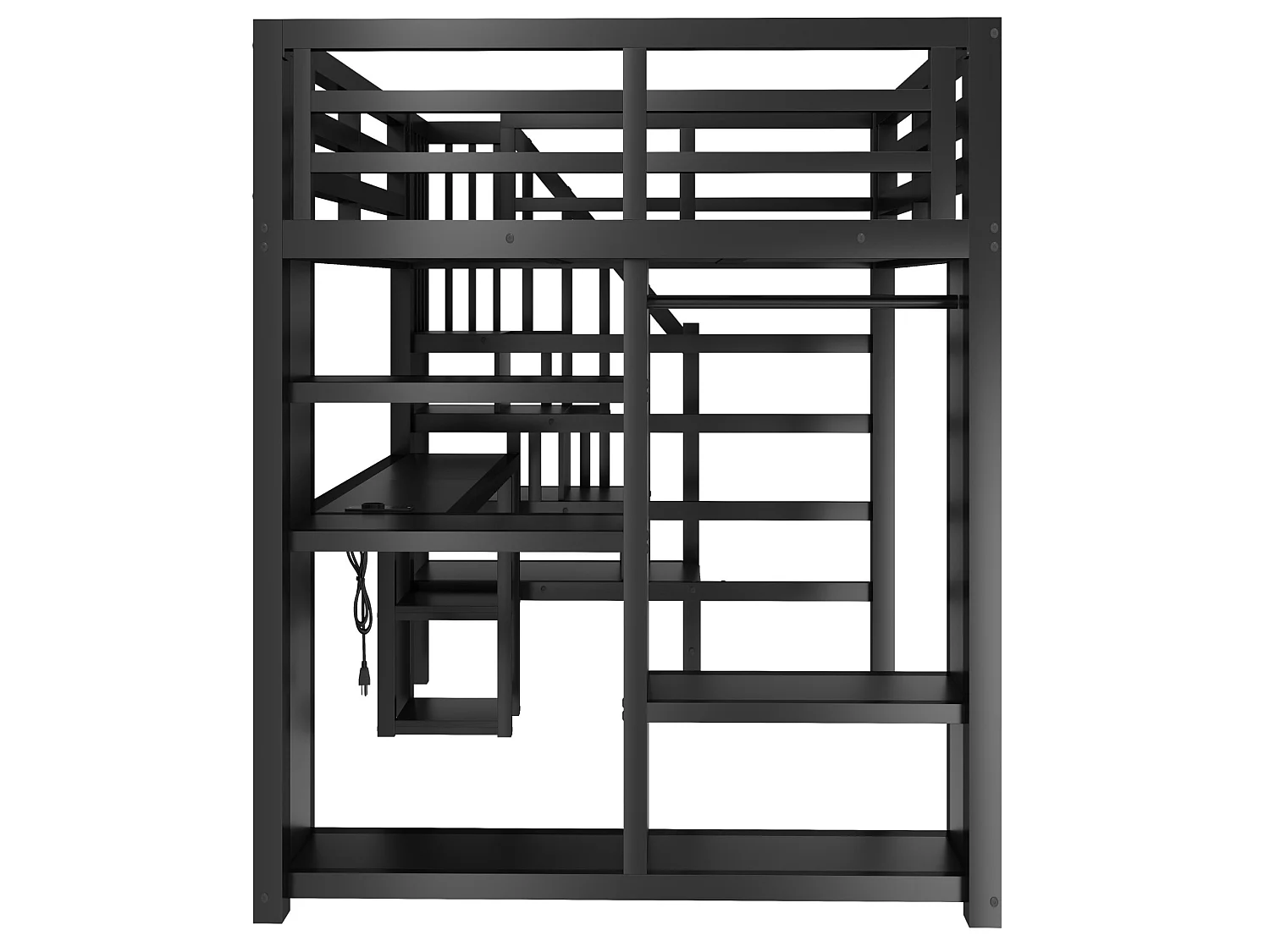 Lit mezzanine en métal 140 x 200 cm avec port USB, bureau et penderie ouverte - Noir