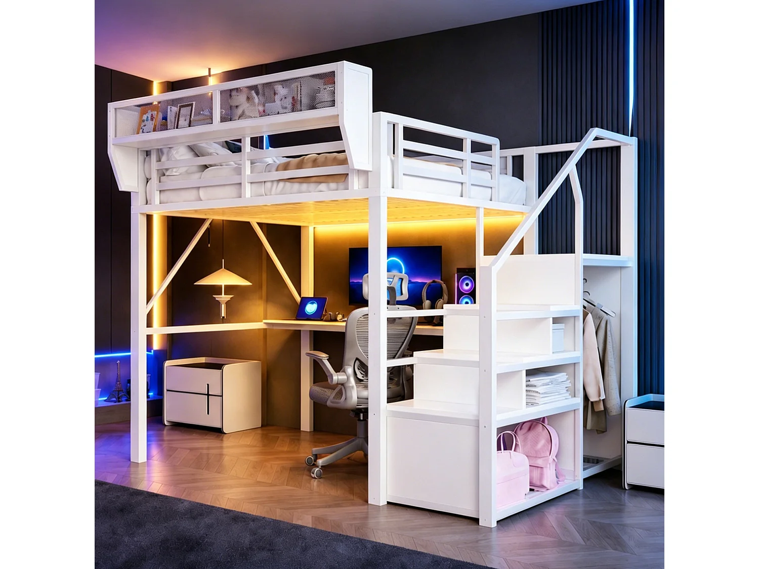 Letto a soppalco in metallo per adulti (140x200 cm) con scrivania, illuminazione a LED e scala con vani contenitori – Bianco