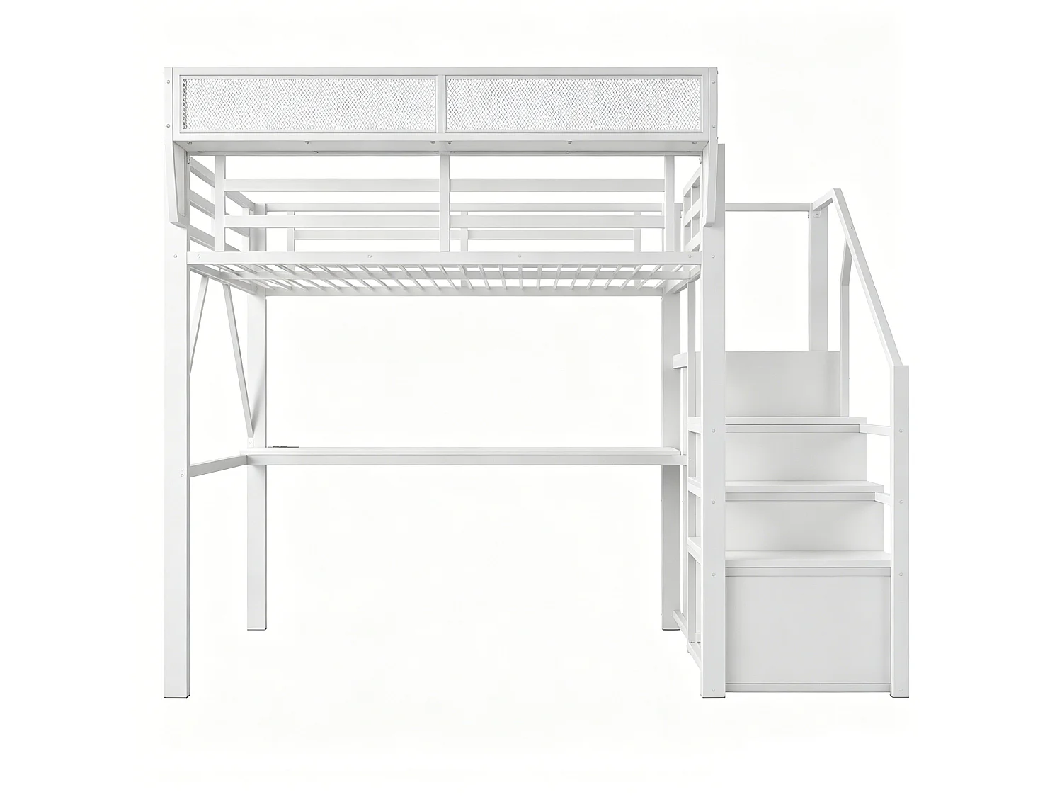 Letto a soppalco in metallo per adulti (140x200 cm) con scrivania, illuminazione a LED e scala con vani contenitori – Bianco