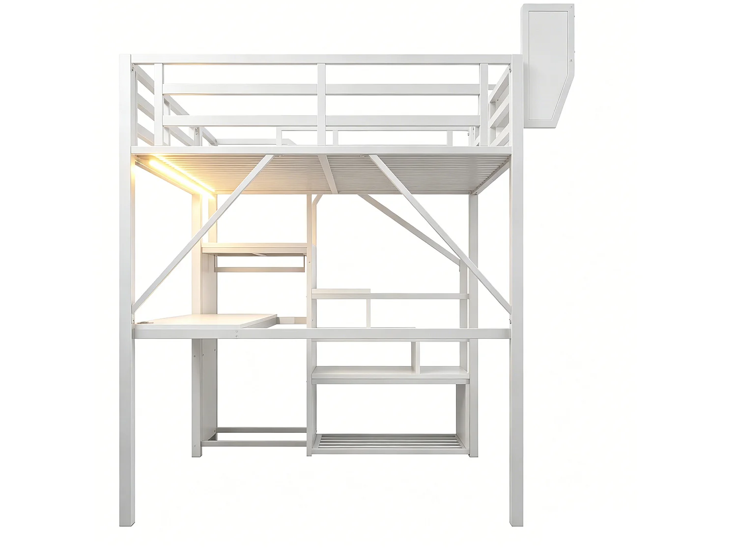 Letto a soppalco in metallo per adulti (140x200 cm) con scrivania, illuminazione a LED e scala con vani contenitori – Bianco