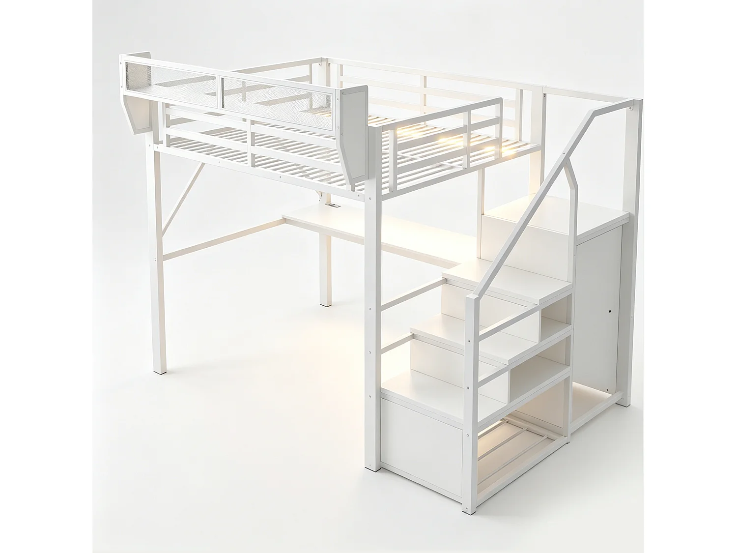 Letto a soppalco in metallo per adulti (140x200 cm) con scrivania, illuminazione a LED e scala con vani contenitori – Bianco