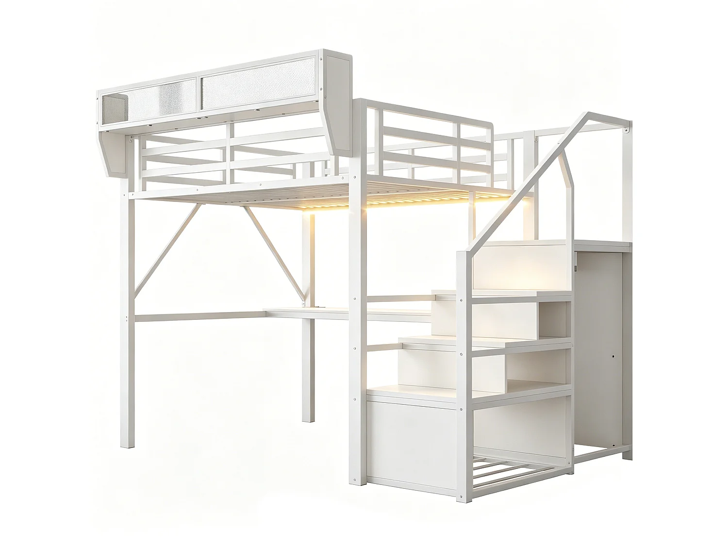 Letto a soppalco in metallo per adulti (140x200 cm) con scrivania, illuminazione a LED e scala con vani contenitori – Bianco