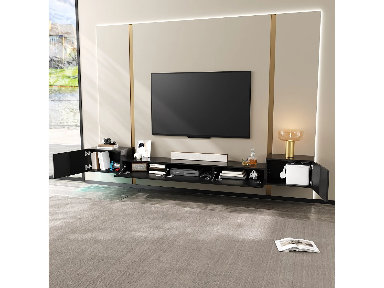 Mobile TV sospeso con ante laccate e LED - Nero