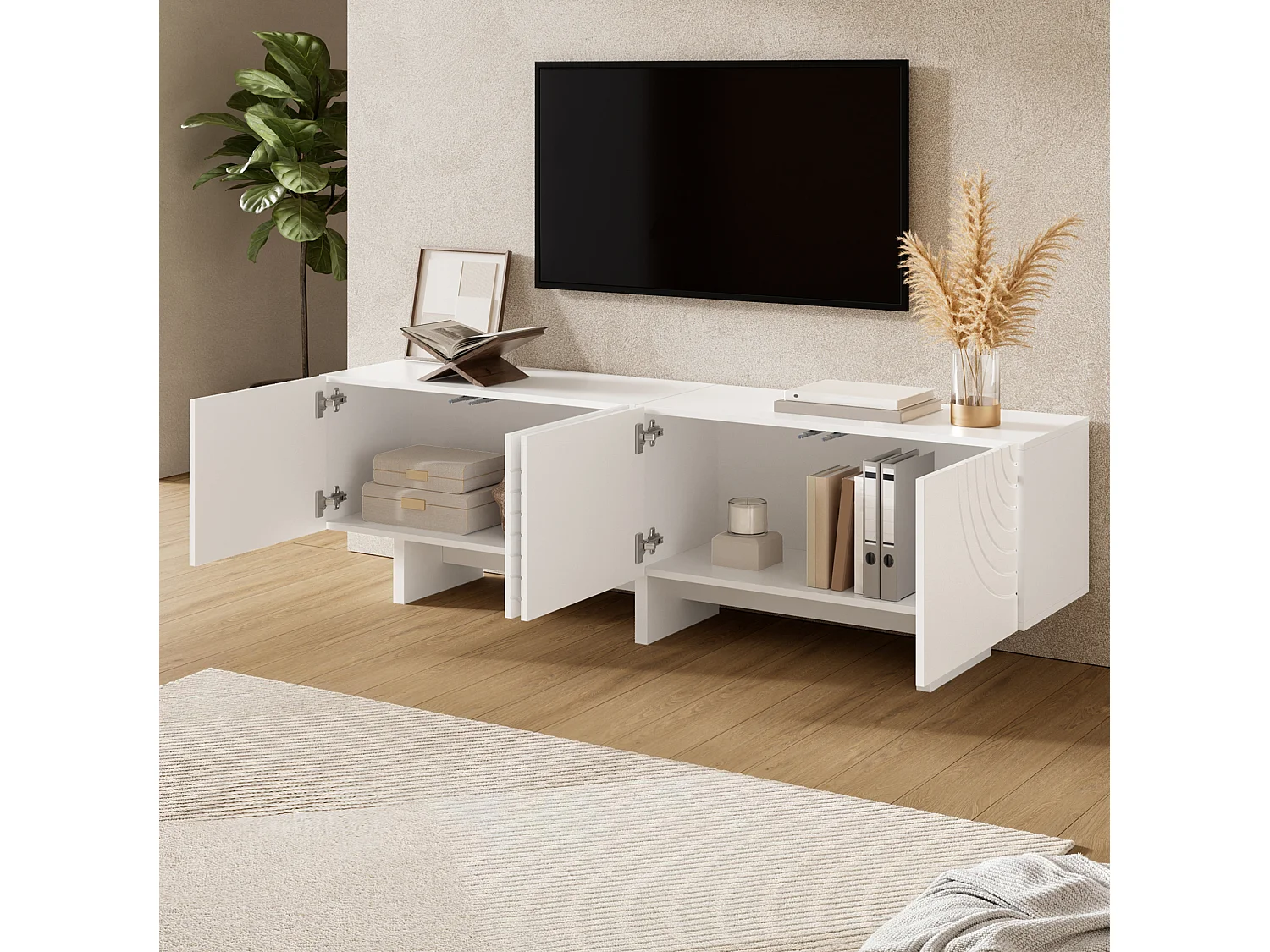 Tv-meubel met 4 deuren met reliëf - Wit