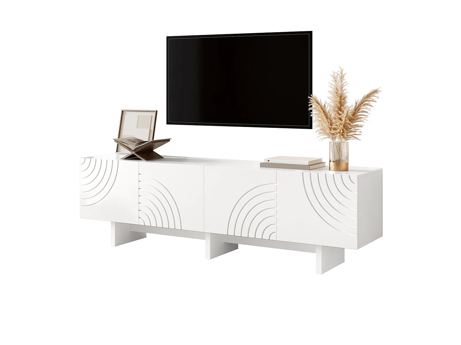 Tv-meubel met 4 deuren met reliëf - Wit