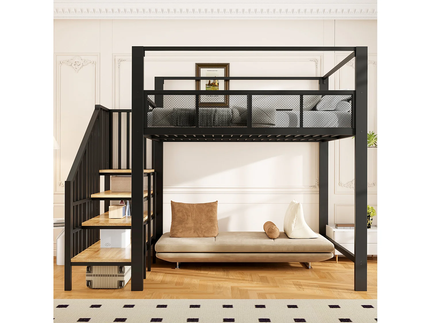 Letto a soppalco per adulti 140x200 cm in metallo nero con scaletta contenitore