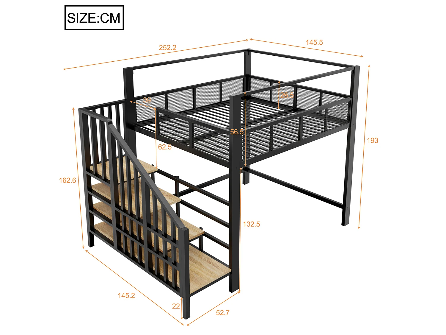 Letto a soppalco per adulti 140x200 cm in metallo nero con scaletta contenitore