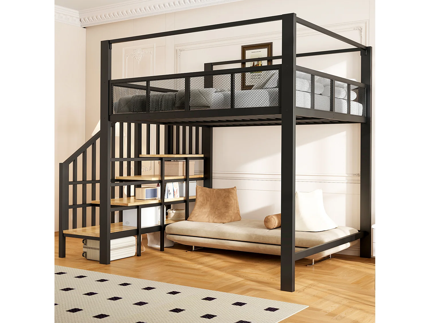 Letto a soppalco per adulti 140x200 cm in metallo nero con scaletta contenitore