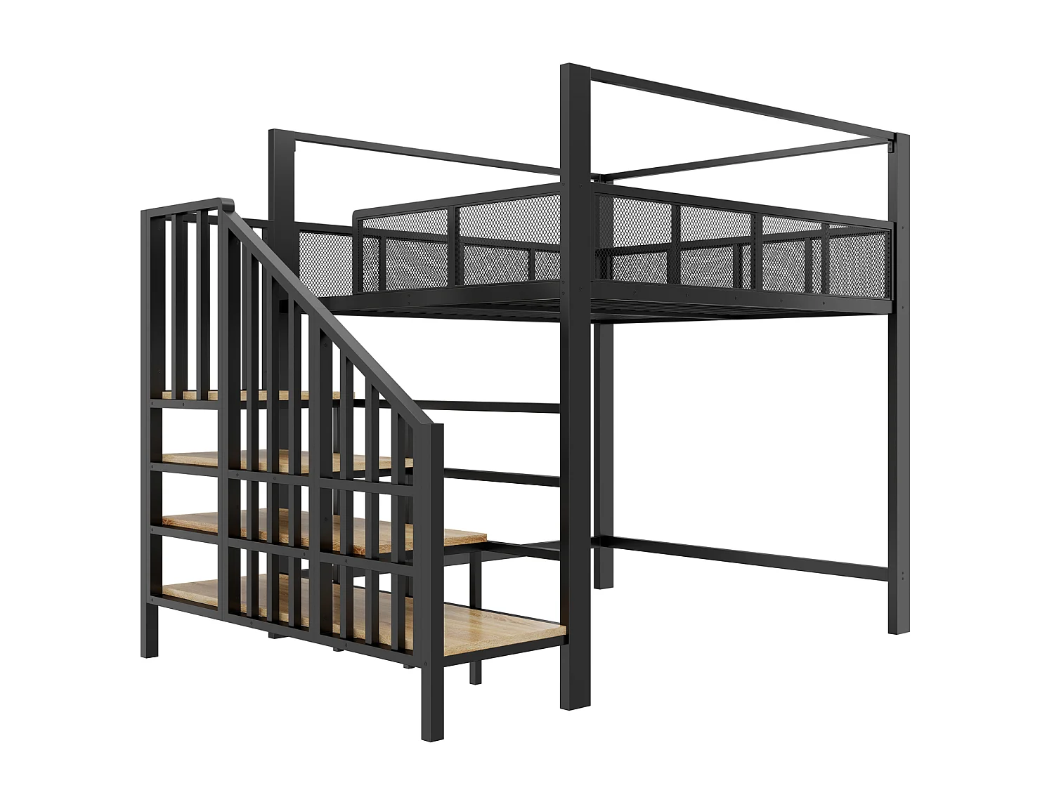 Letto a soppalco per adulti 140x200 cm in metallo nero con scaletta contenitore