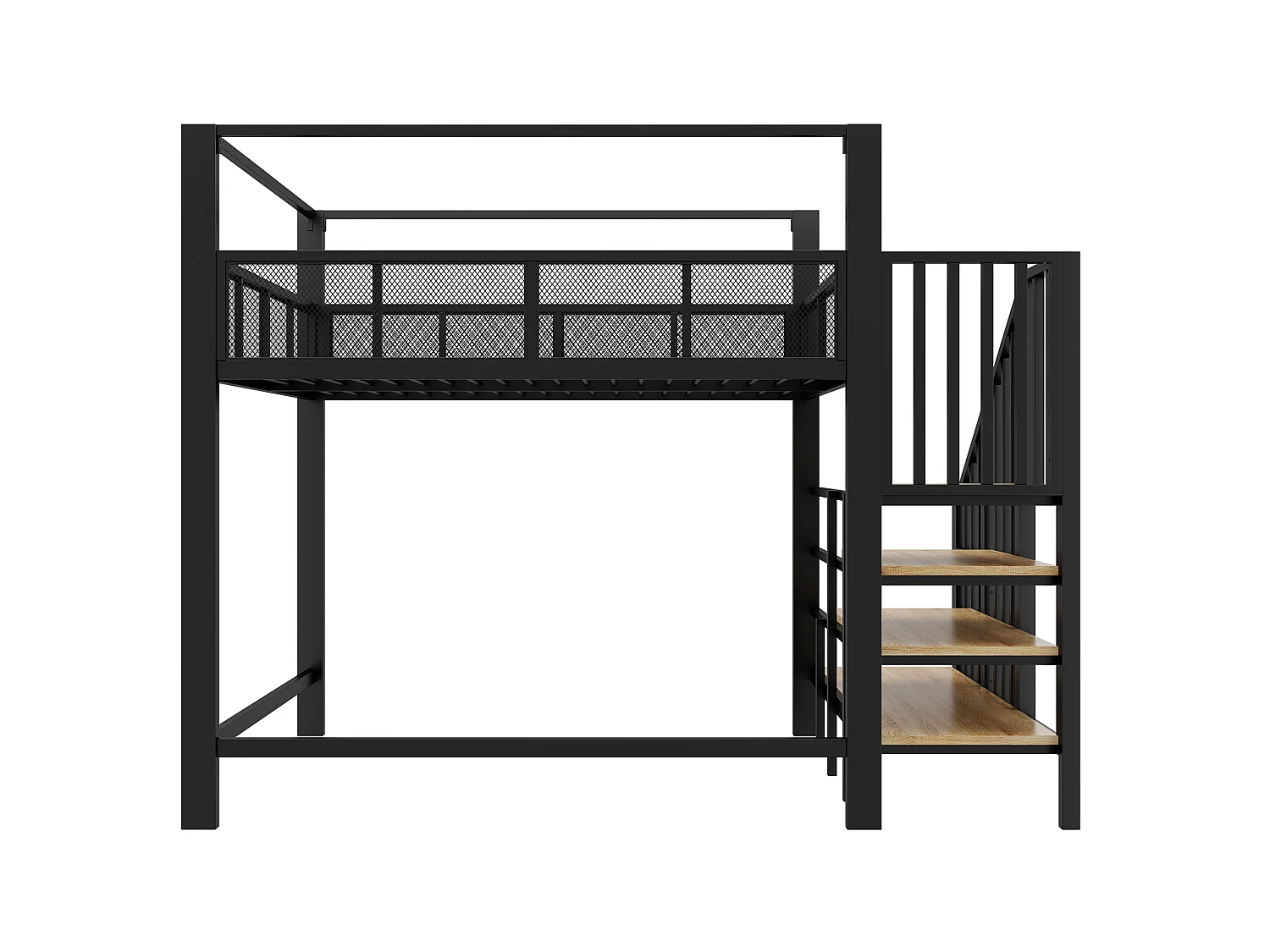 Letto a soppalco per adulti 140x200 cm in metallo nero con scaletta contenitore