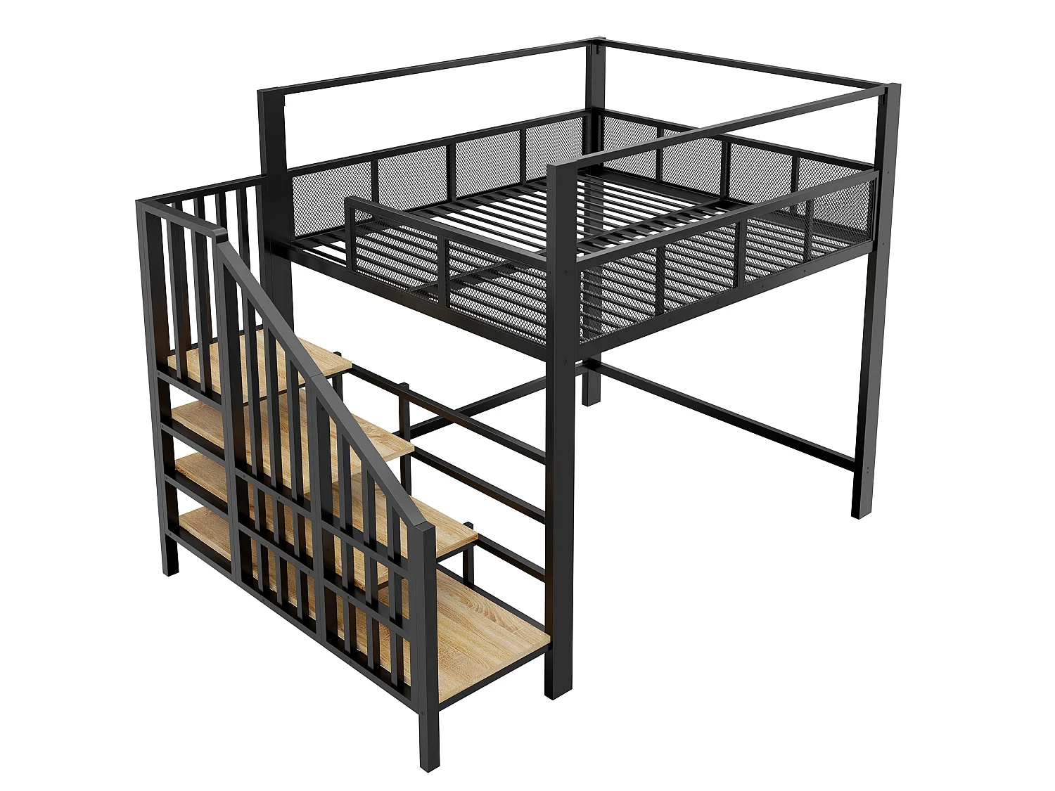 Letto a soppalco per adulti 140x200 cm in metallo nero con scaletta contenitore