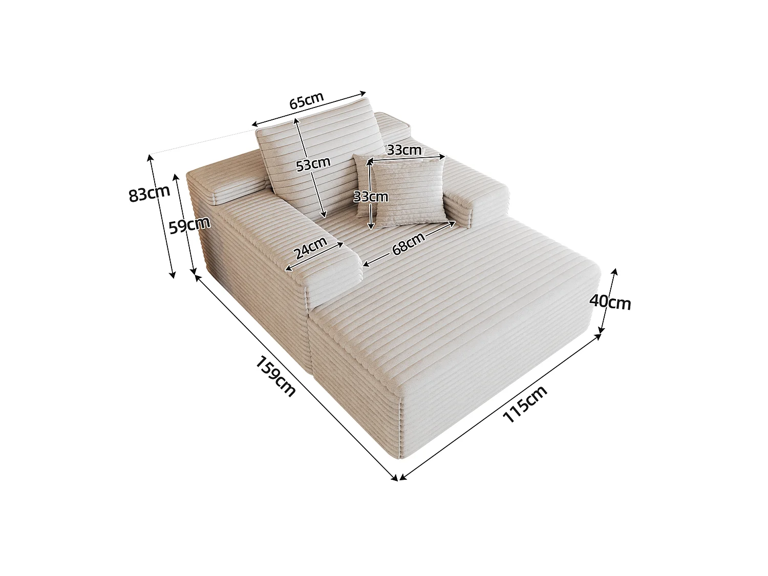 Méridienne simple en velours côtelé blanc - Sans montage