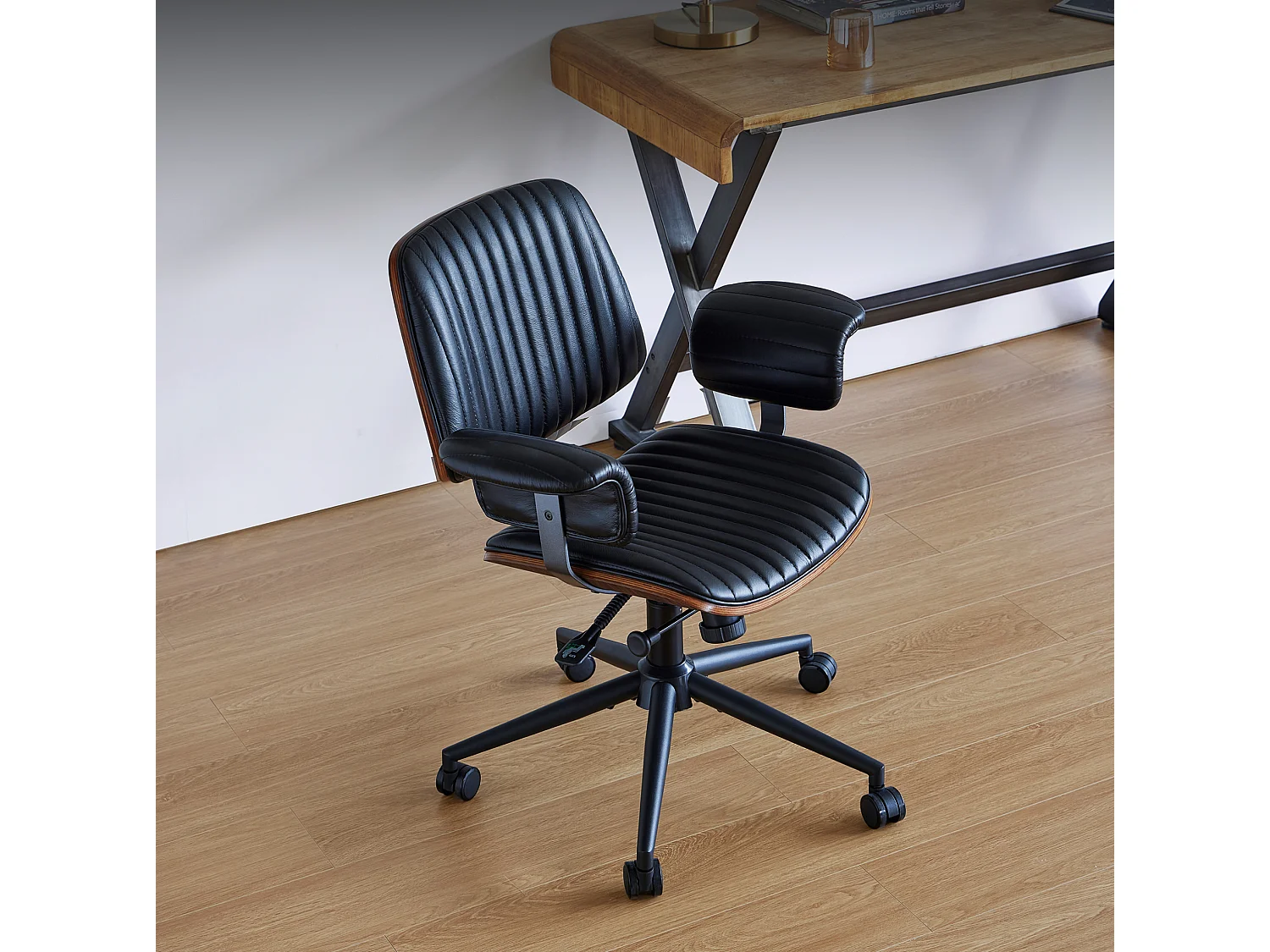 Ergonomische 360° draaibare typstoel met wielen, zwart kunstleer