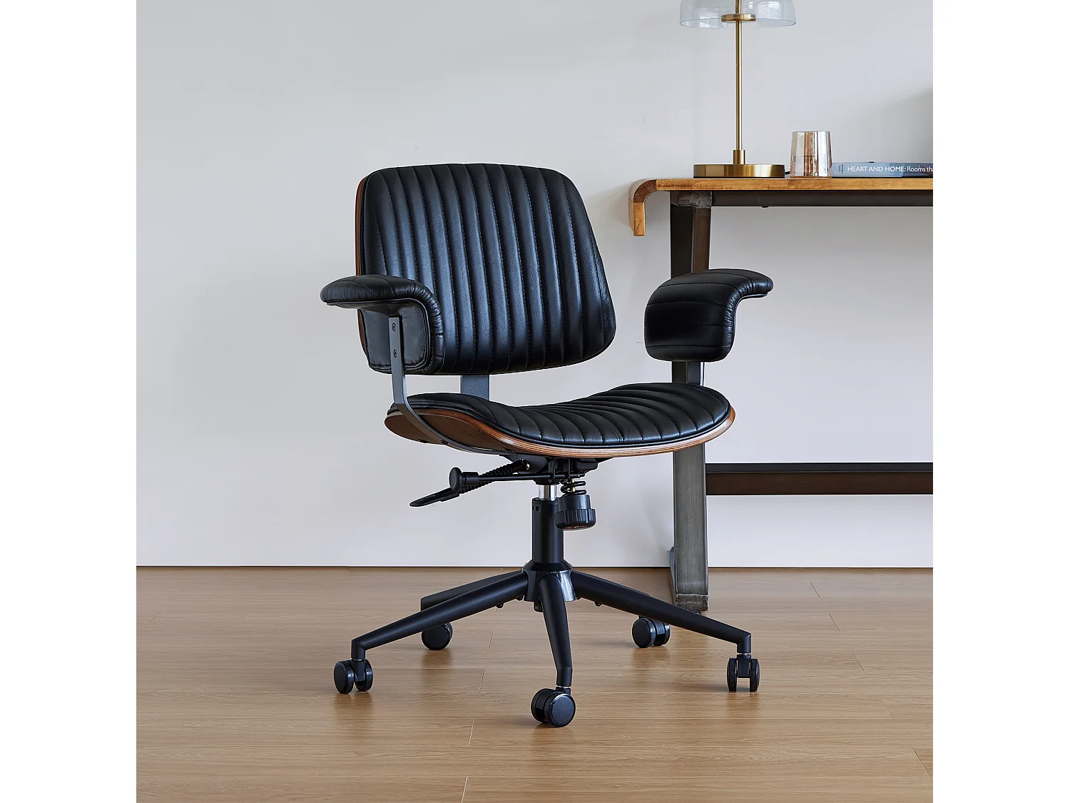 Ergonomische 360° draaibare typstoel met wielen, zwart kunstleer