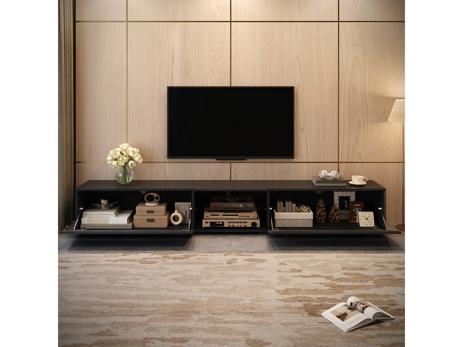 Tv-meubel met 2 gelakte deuren en ledverlichting - Zwart 200 x 30 x 30 cm