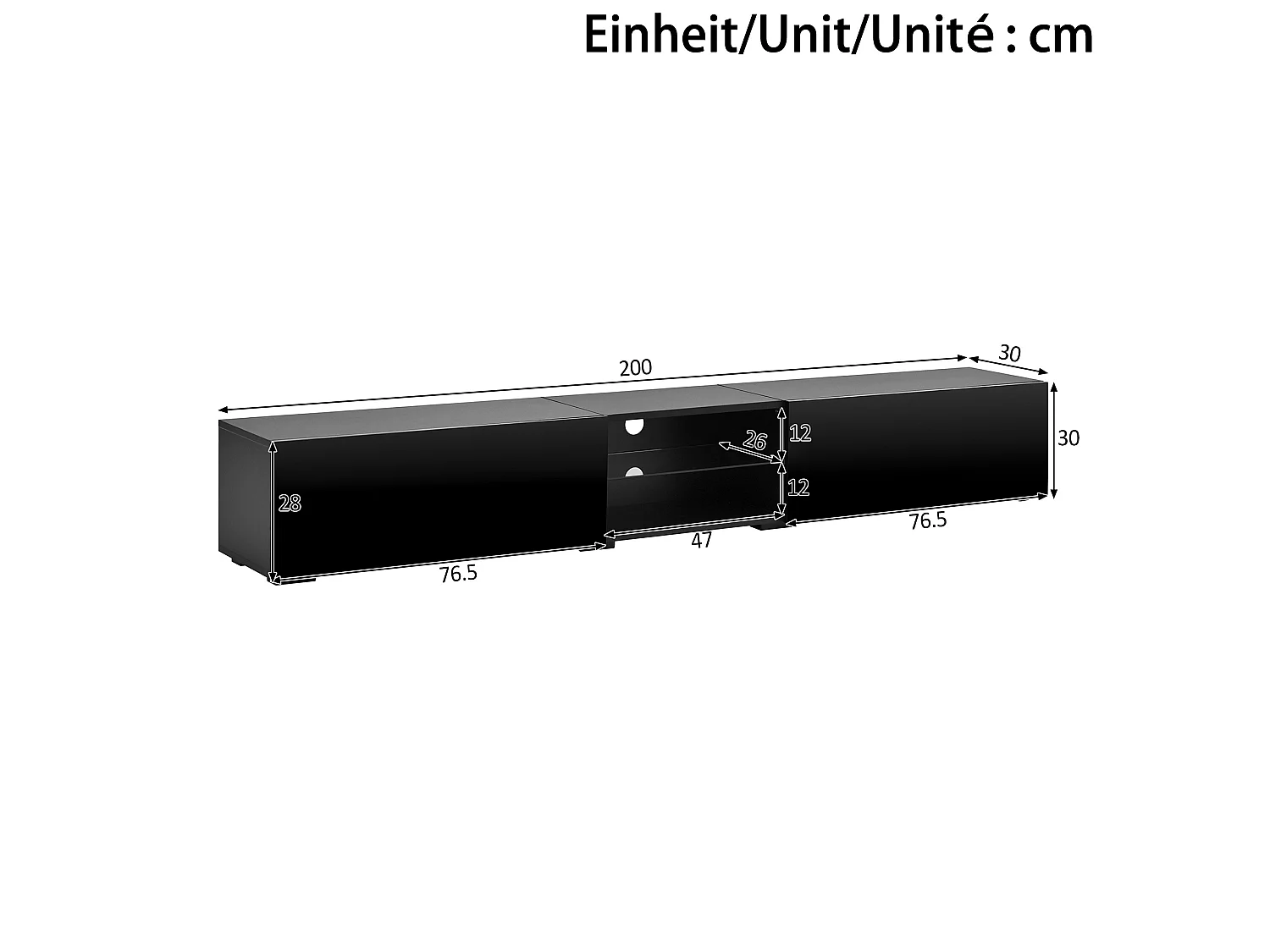 Tv-meubel met 2 gelakte deuren en ledverlichting - Zwart 200 x 30 x 30 cm