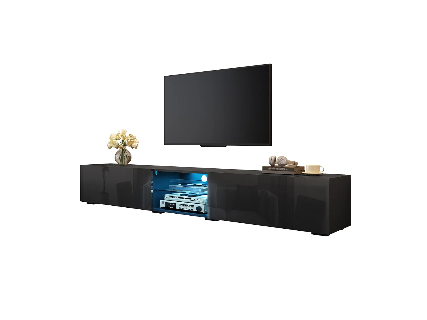 Tv-meubel met 2 gelakte deuren en ledverlichting - Zwart 200 x 30 x 30 cm