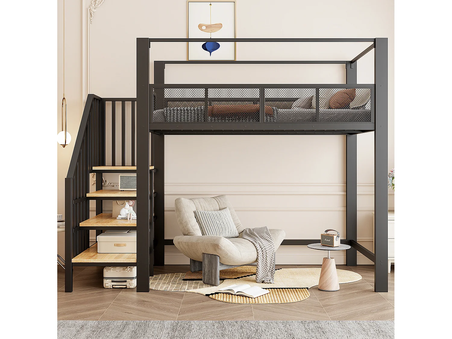 Letto a soppalco per bambini 90x200 cm in metallo nero con scaletta contenitore