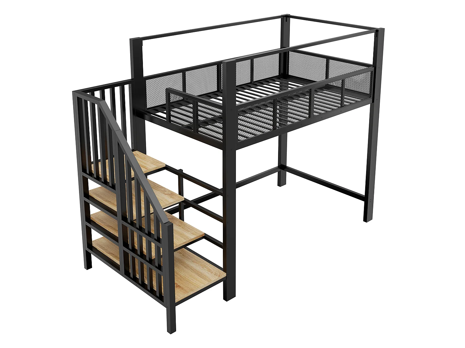 Letto a soppalco per bambini 90x200 cm in metallo nero con scaletta contenitore