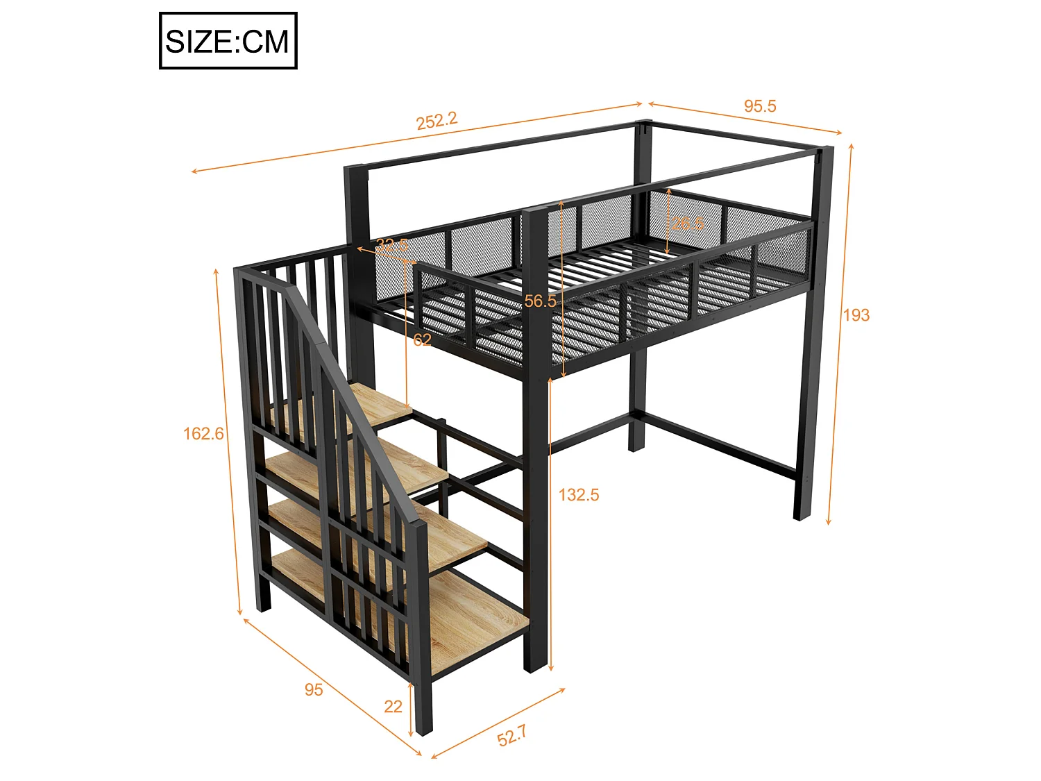 Letto a soppalco per bambini 90x200 cm in metallo nero con scaletta contenitore