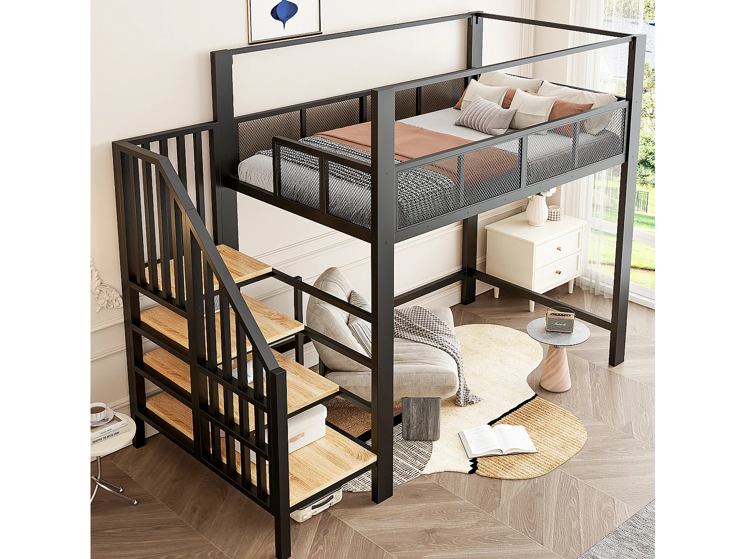 Letto a soppalco per bambini 90x200 cm in metallo nero con scaletta contenitore