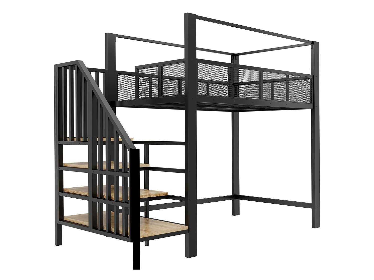 Letto a soppalco per bambini 90x200 cm in metallo nero con scaletta contenitore