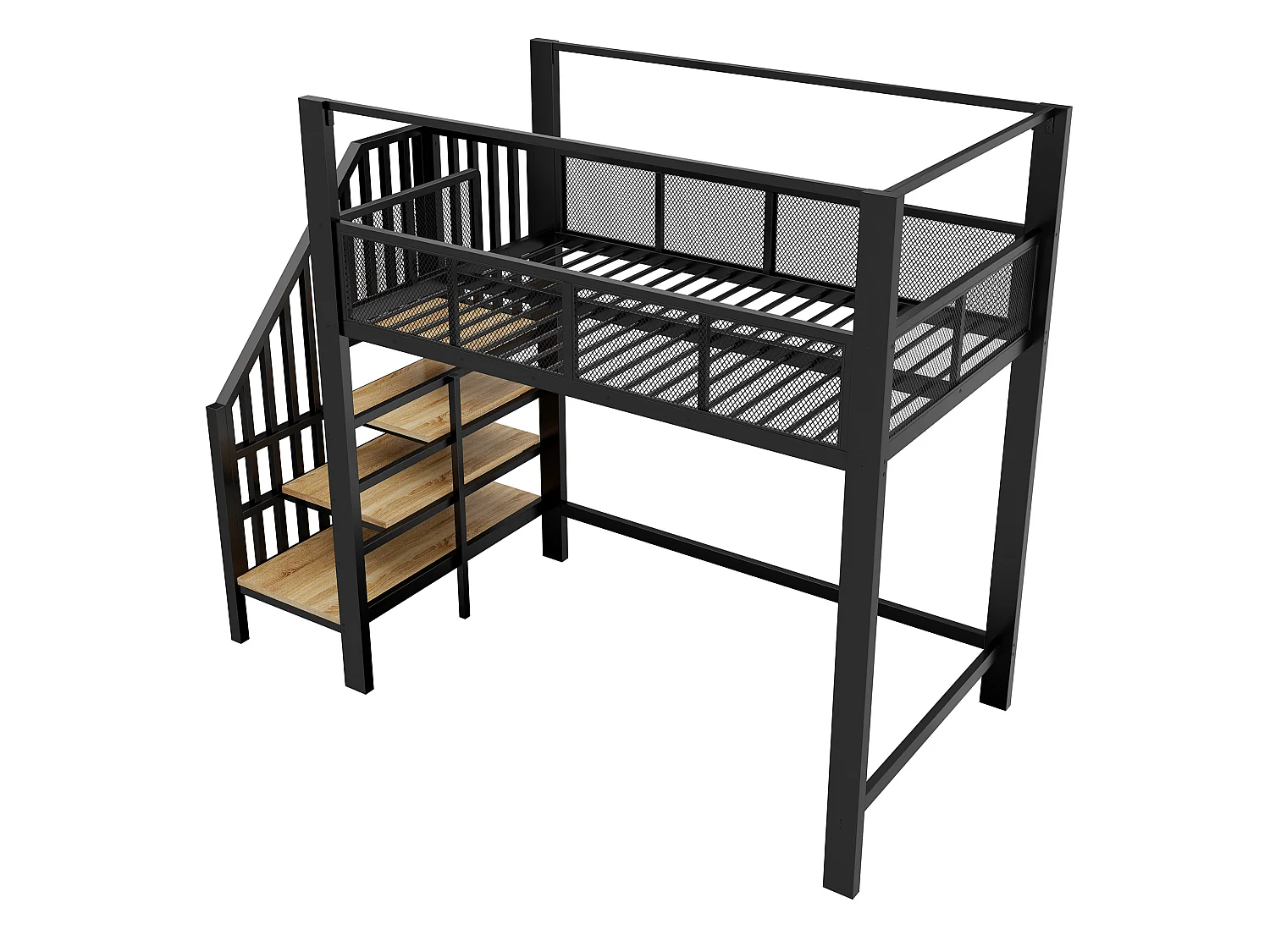 Letto a soppalco per bambini 90x200 cm in metallo nero con scaletta contenitore