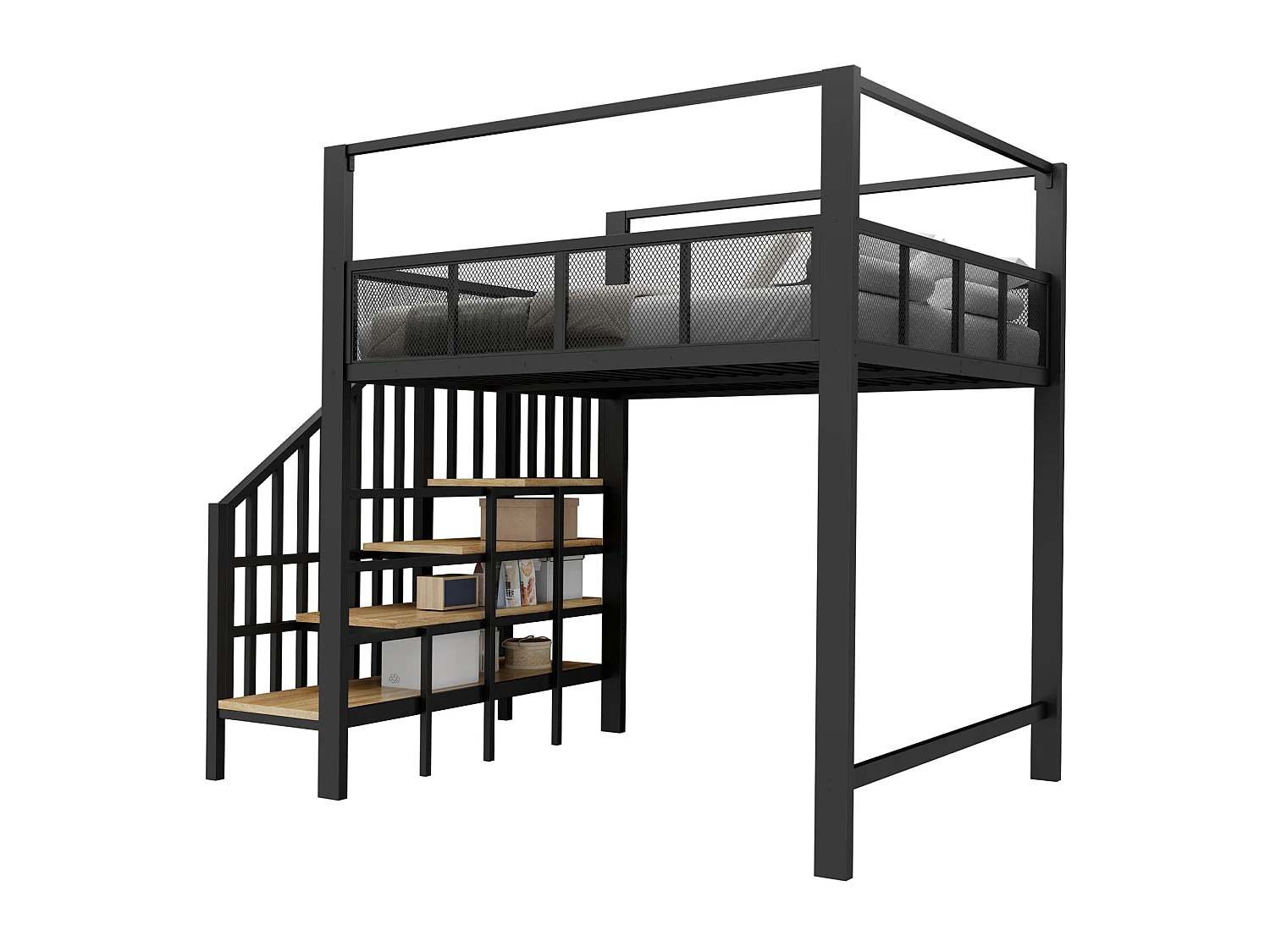 Letto a soppalco per bambini 90x200 cm in metallo nero con scaletta contenitore