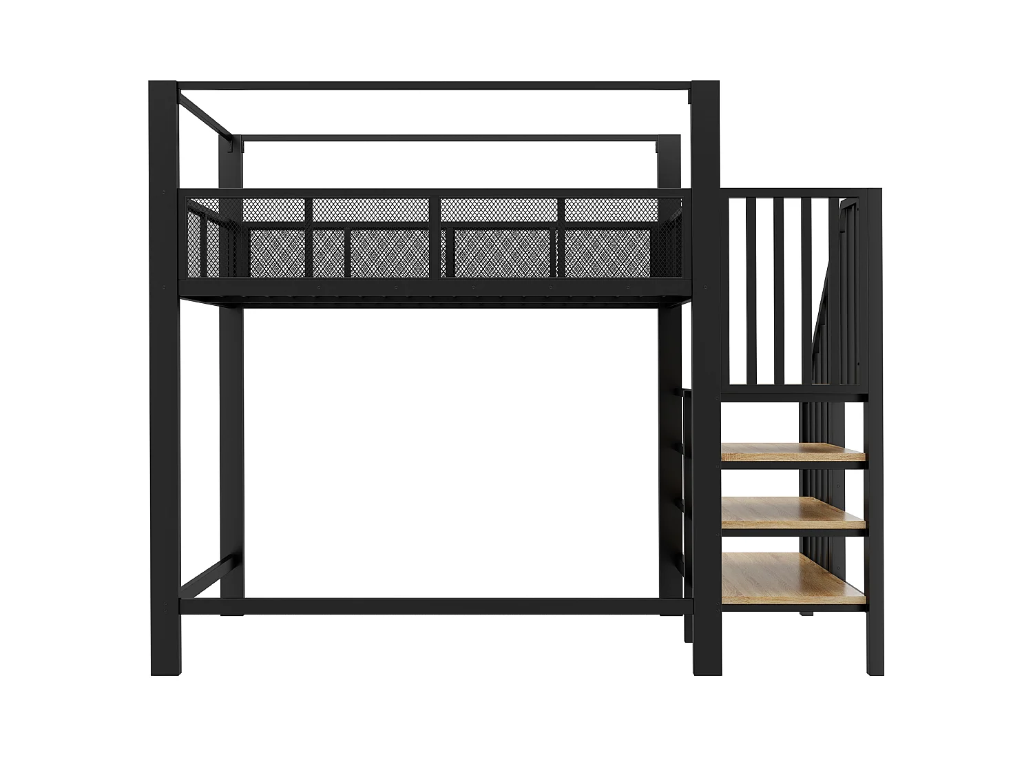 Letto a soppalco per bambini 90x200 cm in metallo nero con scaletta contenitore