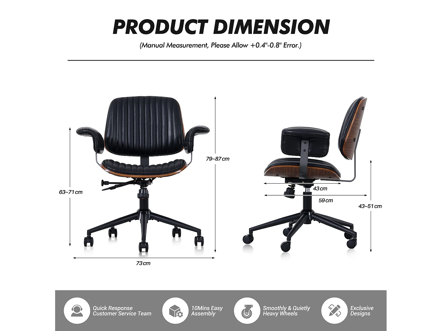 Silla de oficina giratoria de piel sintética con ruedas y altura regulable - Negra