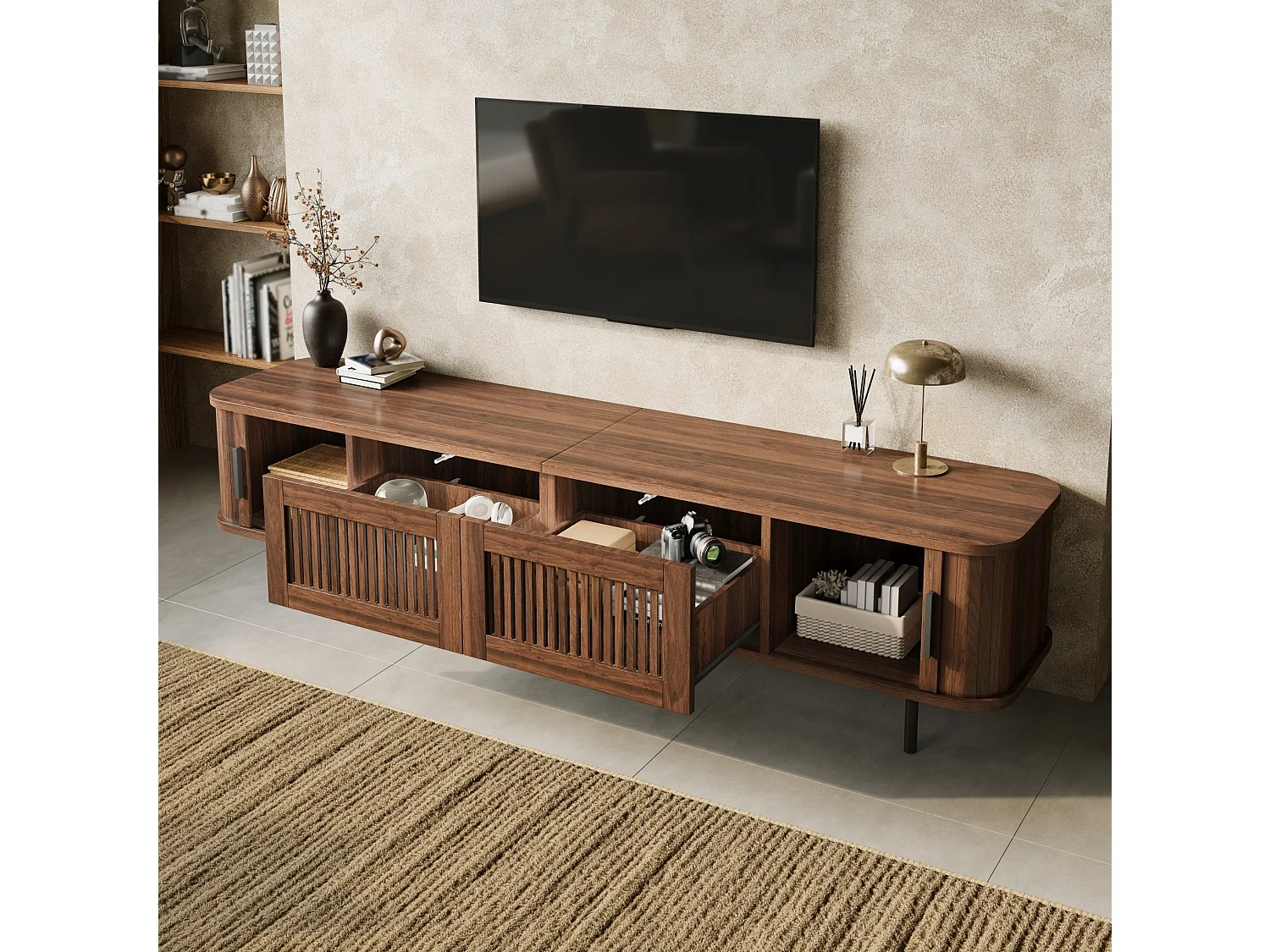 Mueble para TV con 2 cajones y 2 puertas correderas - Marrón