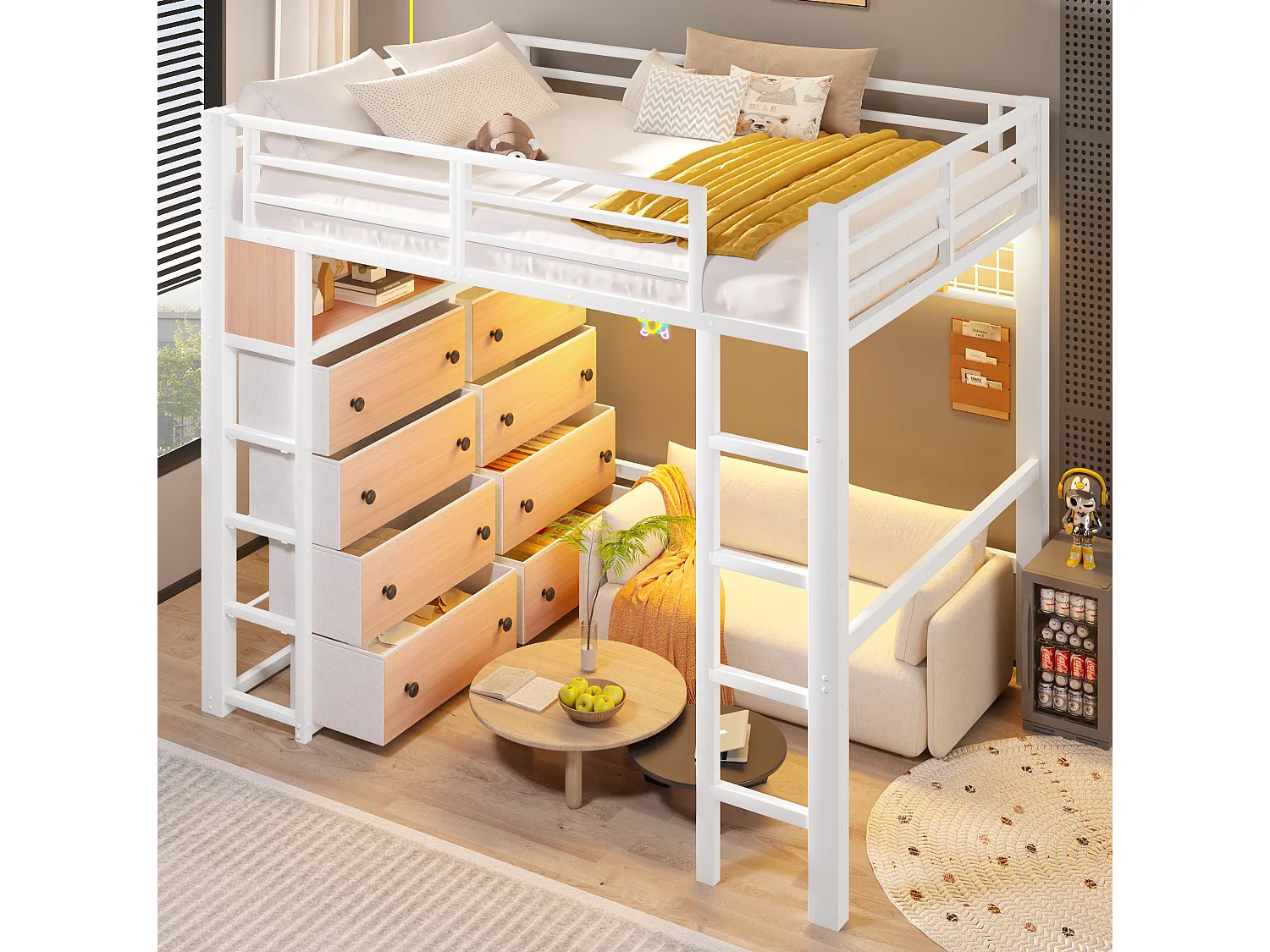 Letto a soppalco per adulti 140x200 cm in metallo con 8 cassetti e illuminazione a LED - Bianco