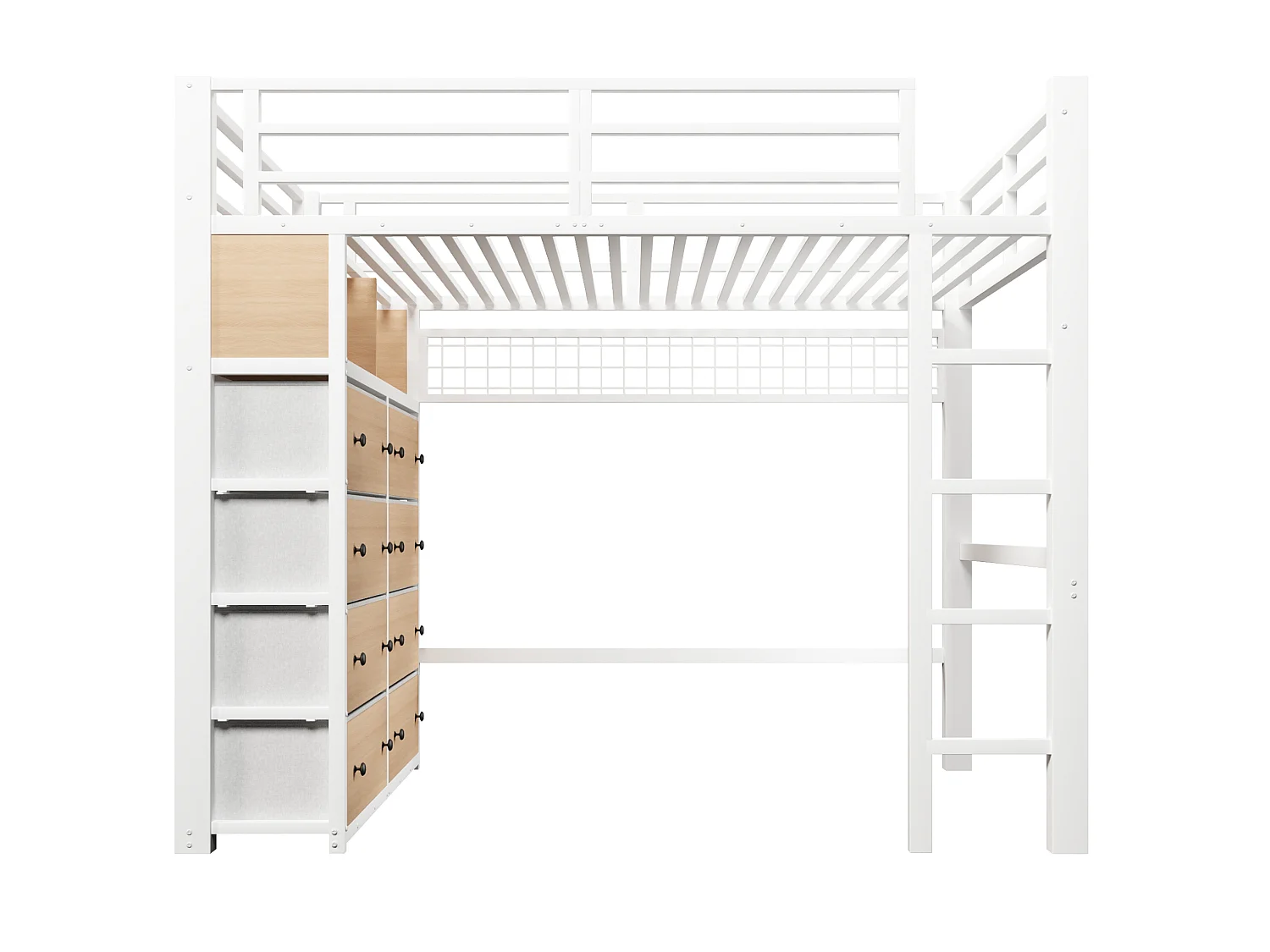 Letto a soppalco per adulti 140x200 cm in metallo con 8 cassetti e illuminazione a LED - Bianco