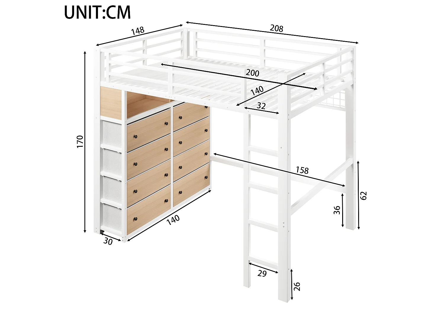 Letto a soppalco per adulti 140x200 cm in metallo con 8 cassetti e illuminazione a LED - Bianco