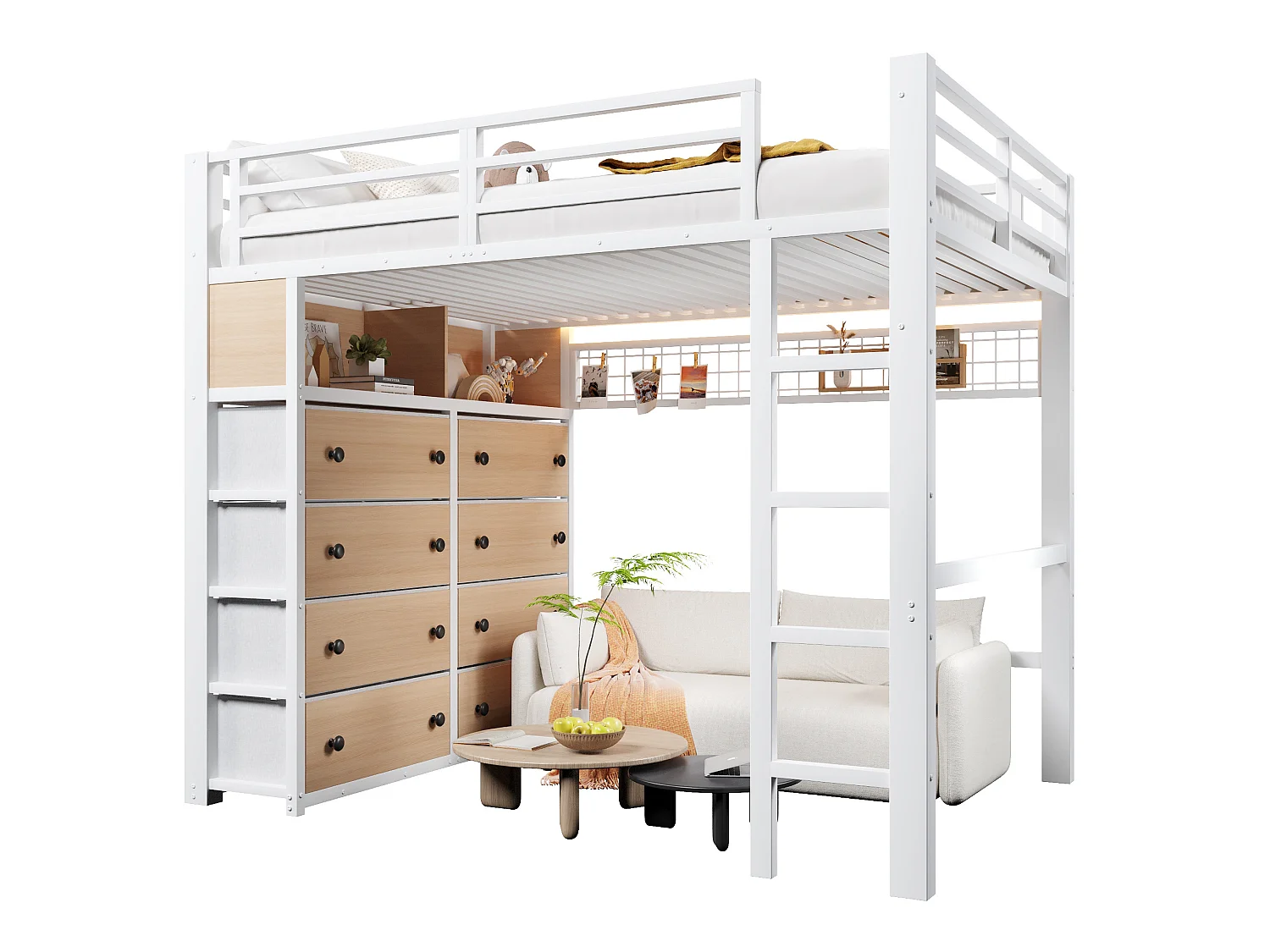 Letto a soppalco per adulti 140x200 cm in metallo con 8 cassetti e illuminazione a LED - Bianco