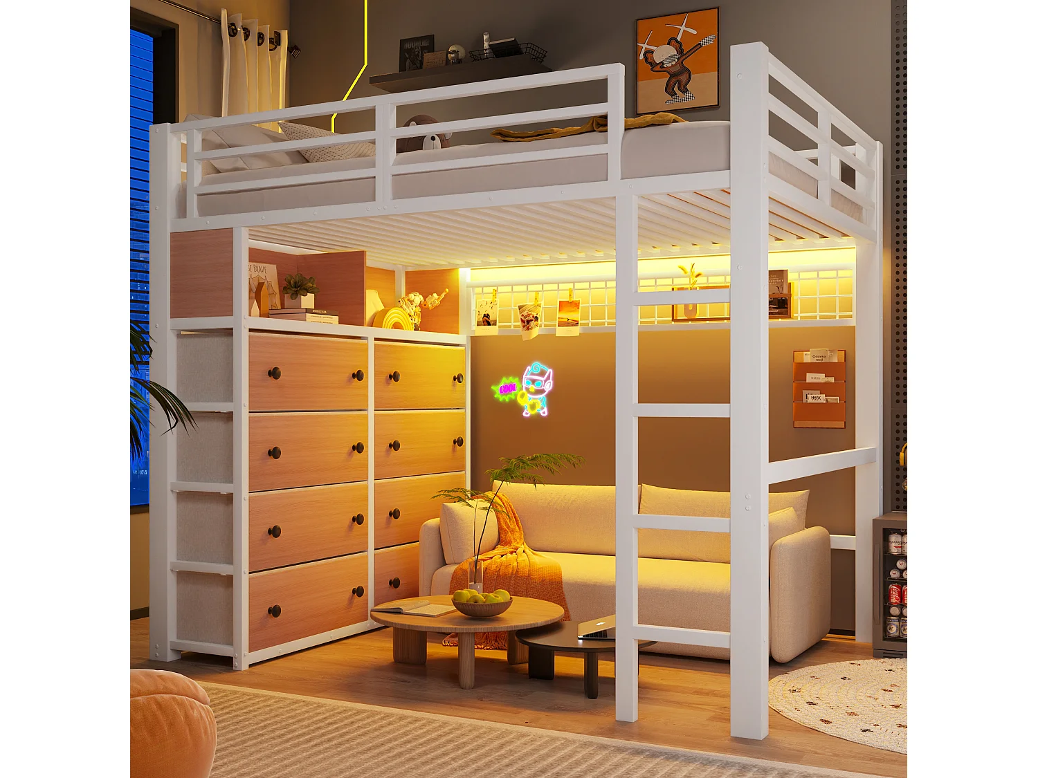 Letto a soppalco per adulti 140x200 cm in metallo con 8 cassetti e illuminazione a LED - Bianco