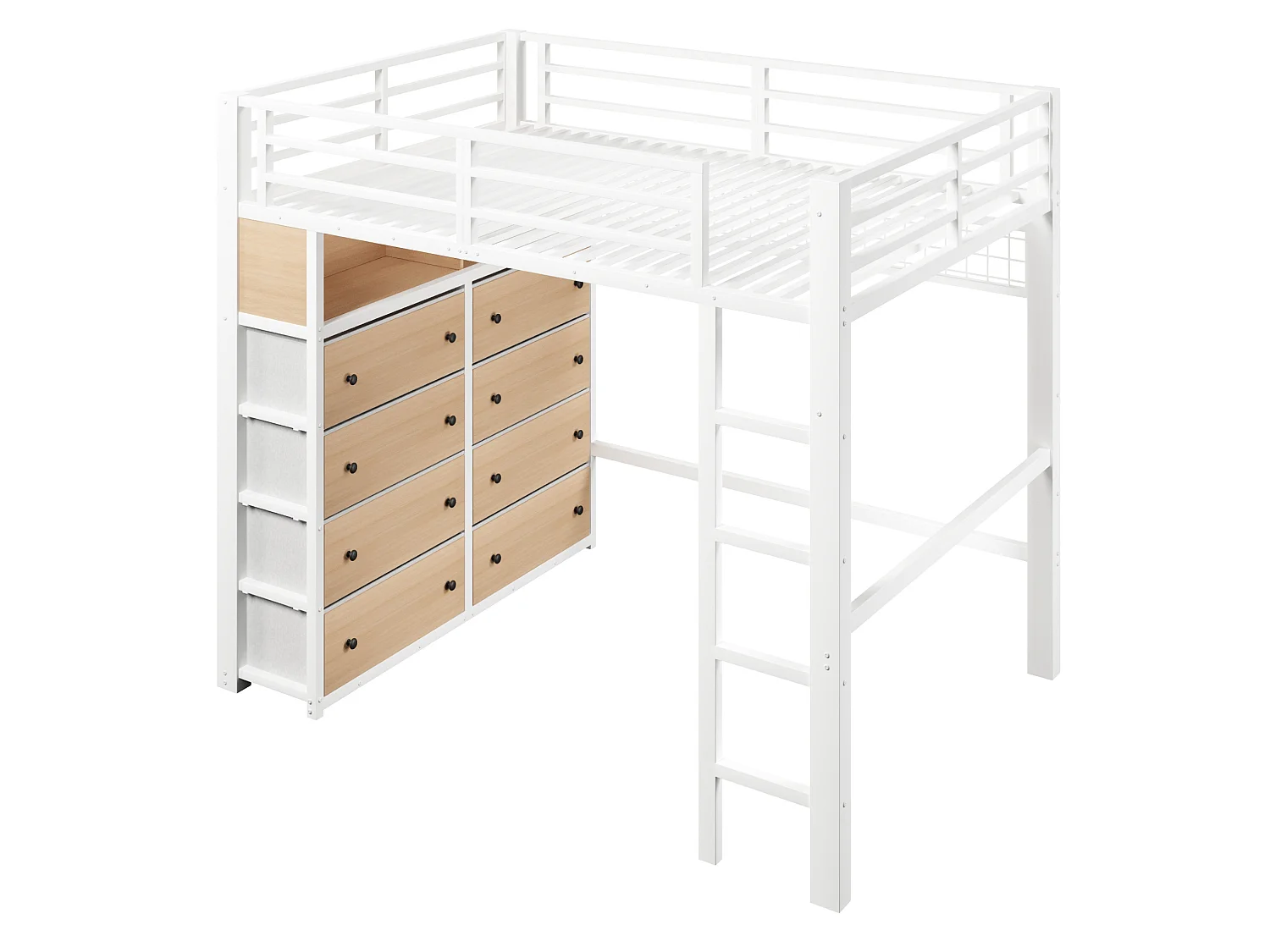 Letto a soppalco per adulti 140x200 cm in metallo con 8 cassetti e illuminazione a LED - Bianco